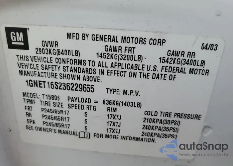 2003 Chevrolet Trailblazer Ext from USA, damaged, VIN 1GNET16S236229655